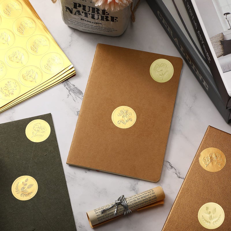 Chinco 500 Pieces Gold Embossed Envelope Seals Stickers Adhesive Seal Stickers Vintage Embossed Foil Certificate Kit Plant DIY Labels for Wedding Invitations Envelopes  5 Patterns(Flower Style) - Image 5